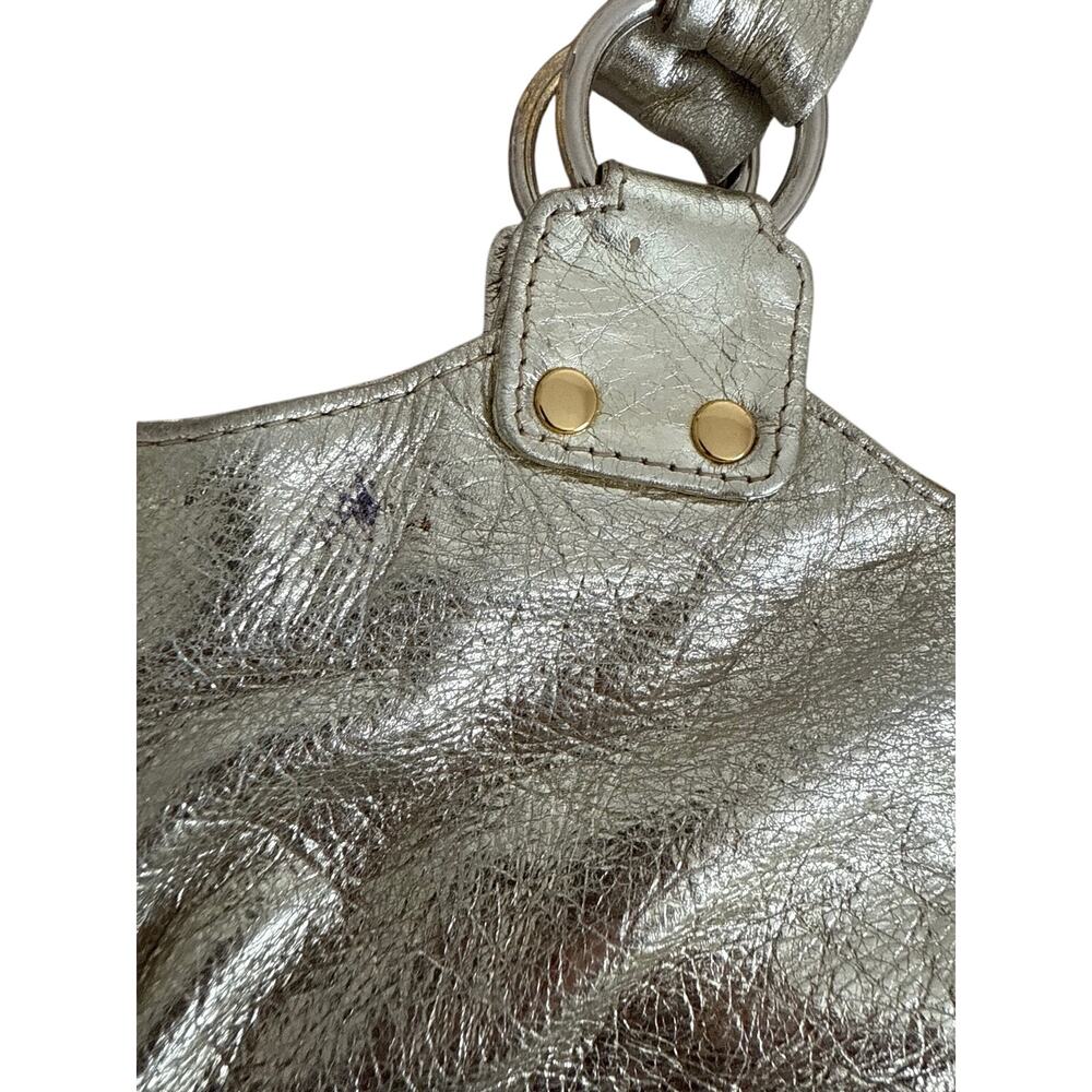 Vintage Y2K Metallic Silver Leather Hobo Shoulder Bag Gold Hardware Slouchy Tote - Picture 5 of 10